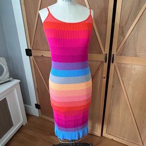 Ribbed Knit Colorful Rainbow Striped Dress